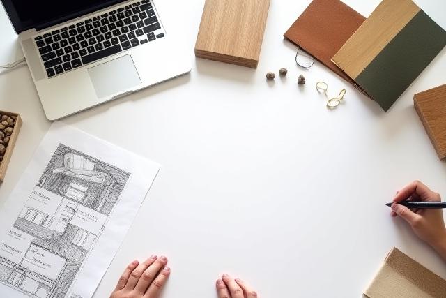 Grundig designprosess med skisser og materialprøver